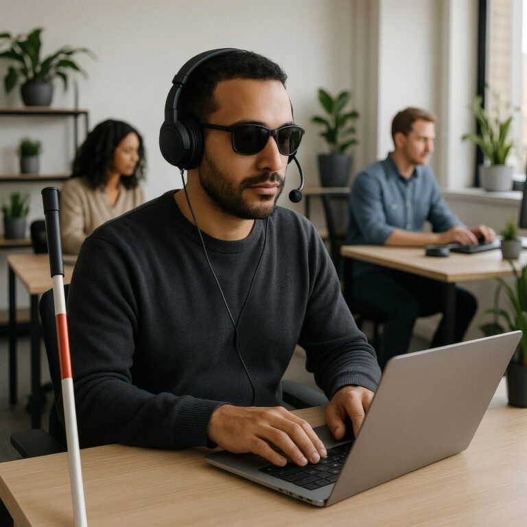 zrakovo postihnutý muž so sluchátkami pracuje na notebooku